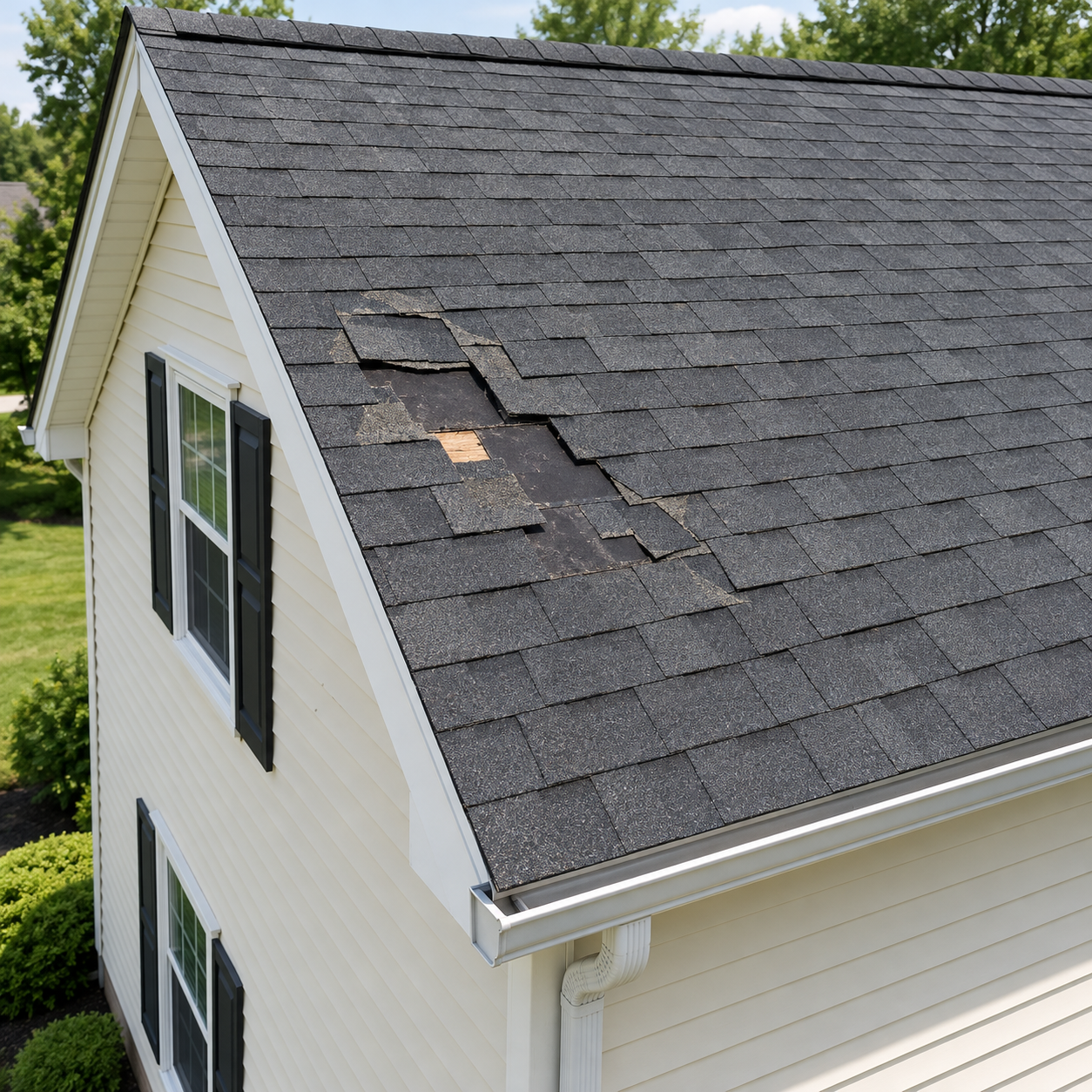 Aerial View of Wind-Damaged Shingle Roof